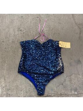 Vintage Film Costume 1960s/70s Royal Blue Sequin Showgirl Bodysuit M